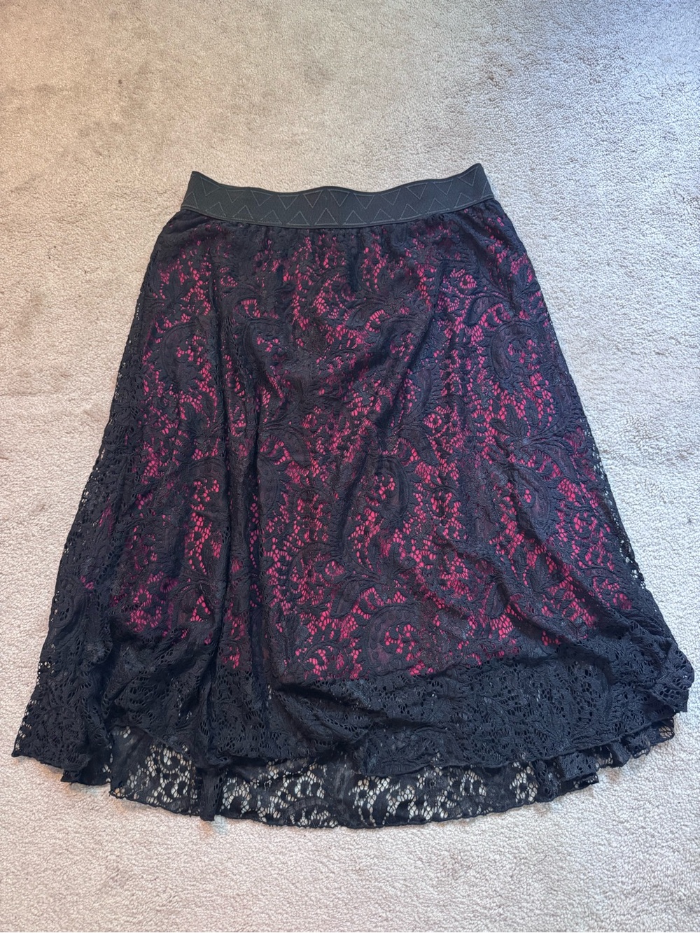 LuLaRoe Black Lace Midi Skirt with Burgundy Lining